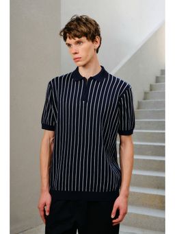 Bonkers Corner - Blue Navy Metro Stripe Knit Polo T-Shirt