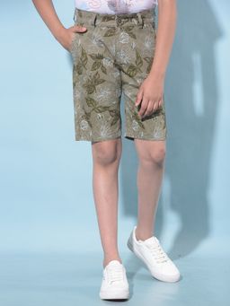 CRIMSOUNE CLUB - Boy's Olive Floral Print Cotton Shorts