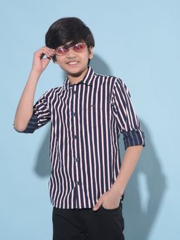 CRIMSOUNE CLUB - Boy's Blue Vertical Striped Cotton Shirt