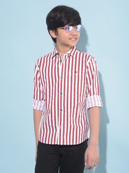 CRIMSOUNE CLUB - Boy's White Vertical Striped Cotton Shirt