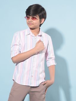 CRIMSOUNE CLUB - Boy's Pink Vertical Striped Cotton Shirt