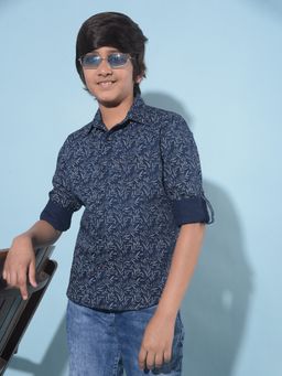 CRIMSOUNE CLUB - Boy's Navy Blue Floral Print Cotton Shirt
