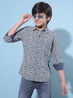 CRIMSOUNE CLUB - Boy's Navy Blue Floral Printed Cotton Shirt