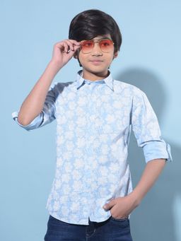 CRIMSOUNE CLUB - Boy's Blue Floral Printed Cotton Shirt