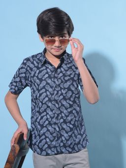 CRIMSOUNE CLUB - Boy's Navy Blue Printed Cotton Shirt