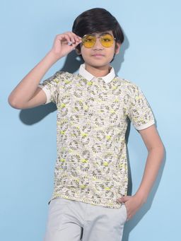 CRIMSOUNE CLUB - Boy's Cream Floral Printed Cotton Polo T-Shirt