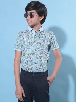 CRIMSOUNE CLUB - Boy's Blue Floral Print Polo T-Shirt