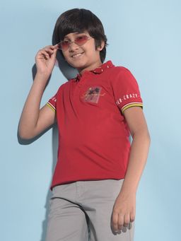 CRIMSOUNE CLUB - Boy's Red Typographic Printed Polo T-Shirt