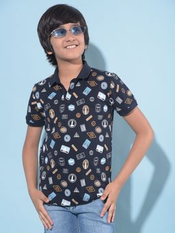 CRIMSOUNE CLUB - Boy's Navy Blue Printed Polo T-Shirt