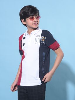 CRIMSOUNE CLUB - Boy's White Color-Blocked Cotton Polo T-Shirt