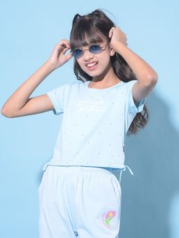 CRIMSOUNE CLUB - Girl's Blue Embellished Cropped T-Shirt