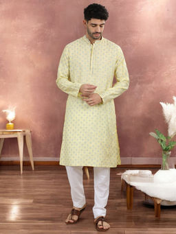 TATTVA - Light Yellow Ethnic Motifs Printed Mandarin Collar Kurta