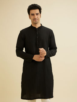 Manyavar - Black Spandex Self Design Kurta for Men