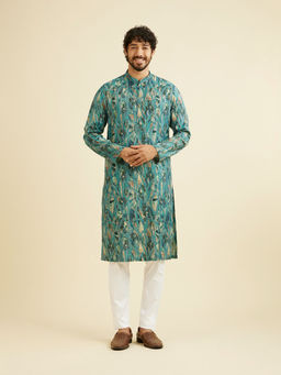 Manyavar - Green Blended Viscose Printed Kurta for Men