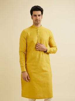 Manyavar - Mustard Cotton Solid Kurta for Men