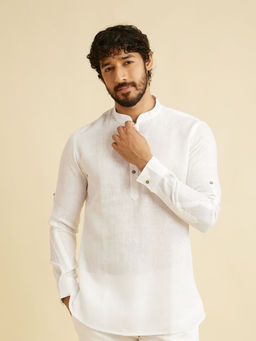 Manyavar - White Linen Solid Short Kurta for Men