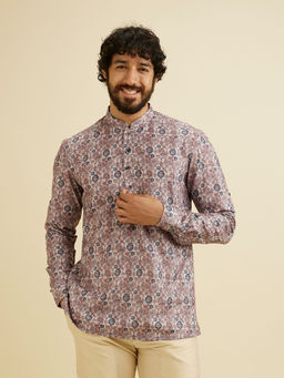 Manyavar - Peach Cotton Blend Digital Printed Short Kurta for Men