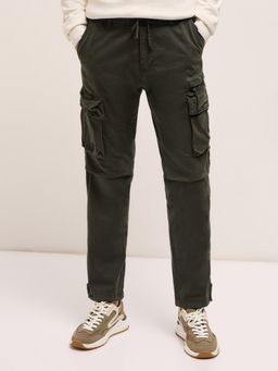 The Bear House - Mens Multi Functional Pockets Green Slim Fit Cargo Pant