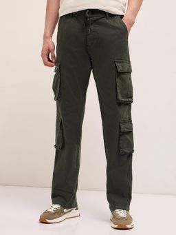 The Bear House - Mens Multi Functional Pockets Green Slim Fit Cargo Pant