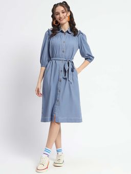 Madame - Blue Solid Knee Length Dress and Belt (Set of 2)