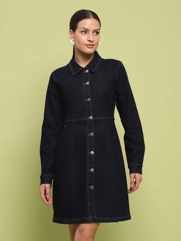 Madame - Blue Solid Knee Length Dress