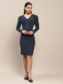 Madame - Blue Self Design Knee Length Dress