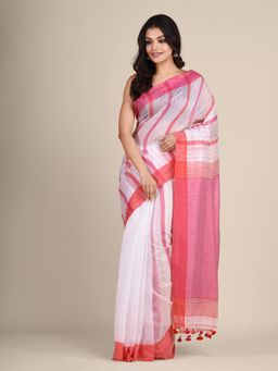 Arhi - White Blended Cotton Handwoven Saree With Stitched Design And Unstitched Blouse