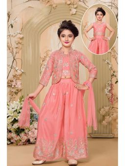 Lagorii - Pink Embroidered Top with Palazzo and Jacket with Dupatta