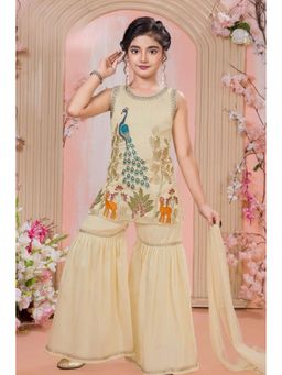 Lagorii - Beige Peacock Embroidered Kurti with Sharara and Dupatta