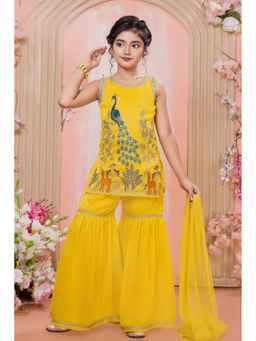 Lagorii - Mustard Peacock Embroidered Kurti with Sharara and Dupatta
