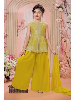 Lagorii - Yellow Sequins and Zari Embroidered Peplum Kurti with Palazzo and Dupatta