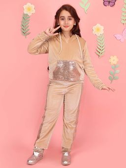 Cutecumber - Girl'S Beige Chenille Sequin Fabric Hoodie and Pant