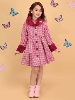 Cutecumber - Girl'S Pink Checks Woolen Fur Dress with Belt