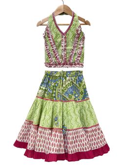 Elaisha - Woven Cotton Green All Over Printed Top with Lehenga