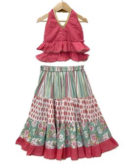 Elaisha - Woven Cotton Coral Solid Top with All Over Printed Lehenga