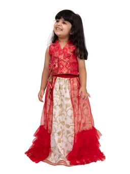 Elaisha - Brocade Red Embellished Top with Lehenga