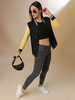Campus Sutra - Black Women Colorblock Stylish Casual Varsity Jacket