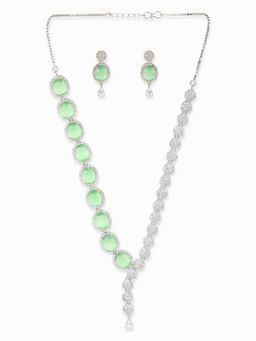 Voylla - American Diamond CZ Silver Plated Pearl Necklace Round Cut Green Stone (Set of 3)