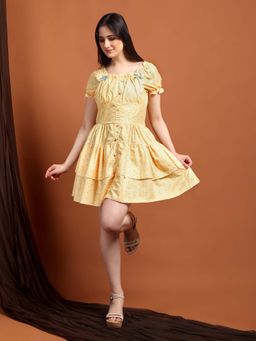 IKI CHIC - Women Yellow Printed Ruffle Sleeve Fit & Flare Dress
