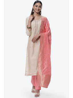 Biba - Beige Cotton Silk Chanderi Unstitched Suit (Set of 3)