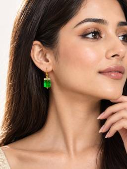 Niscka - Gold Plated Green Crystal Drop Earrings
