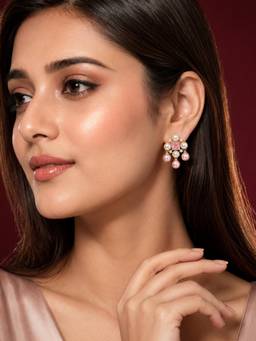 Niscka - Gold Plated Pink Crystal Pearl Drop Earrings