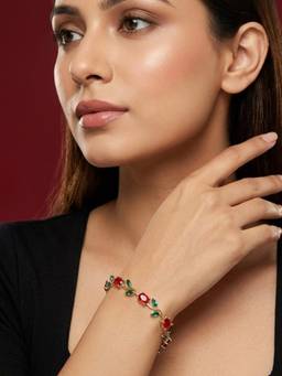 Niscka - Gold Plated Red and Green Stone Leaf Bracelet