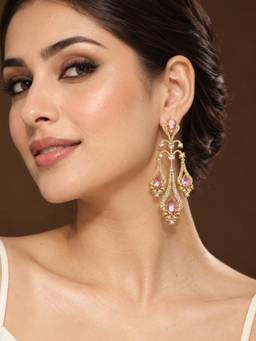 Niscka - Gold Plated Pink Stone Crystal Chandelier Earrings