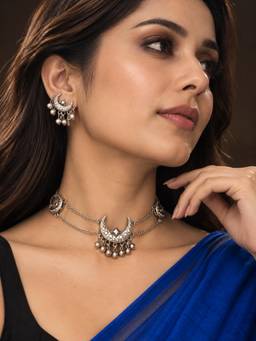 Niscka - Silver Plated Crescent Moon Ghungroo Necklace and Earrings
