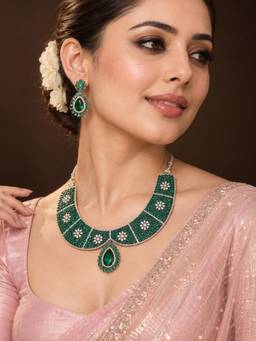 Niscka - Silver Plated Green Stone Floral Necklace and Earrings