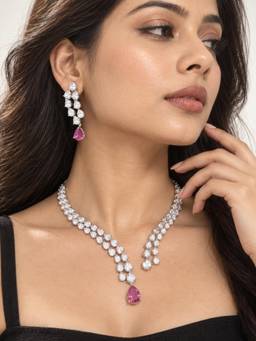 Niscka - Radiant Pink Teardrop Necklace and Earrings