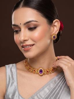 Niscka - Gold Plated Multicolour Stone Floral Choker Necklace and Earrings