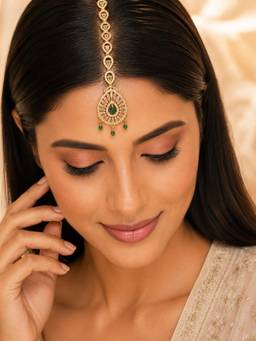 Niscka - Gold Plated Green Stone American Diamond Maang Tikka