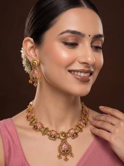 Niscka - Gold Plated Pink and Green Stone Traditional Necklace and Earrings